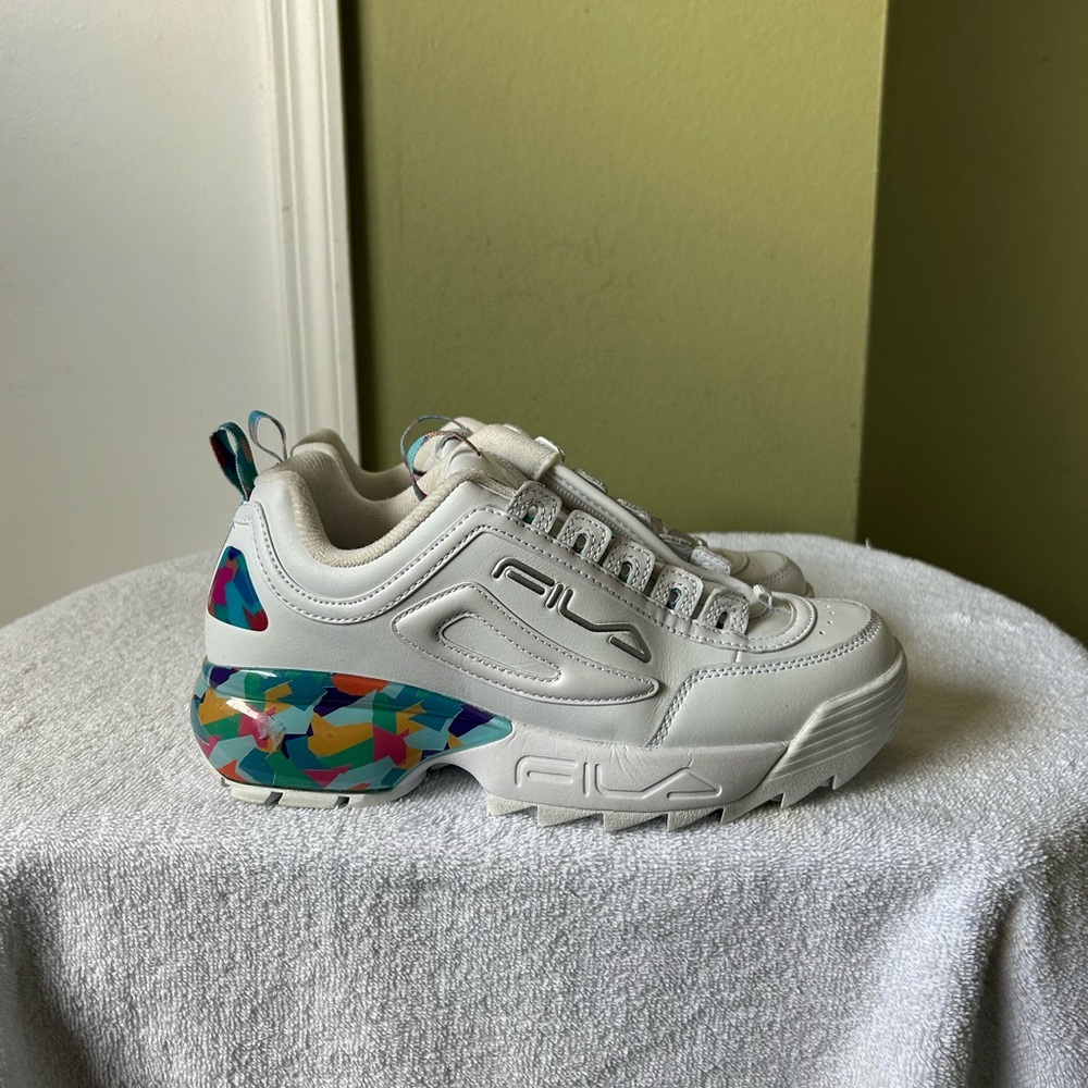 Fila Disruptor 2 Premium Platform White Sneakers with Colorful Heel Sz 8.5 - Picture 6 of 12